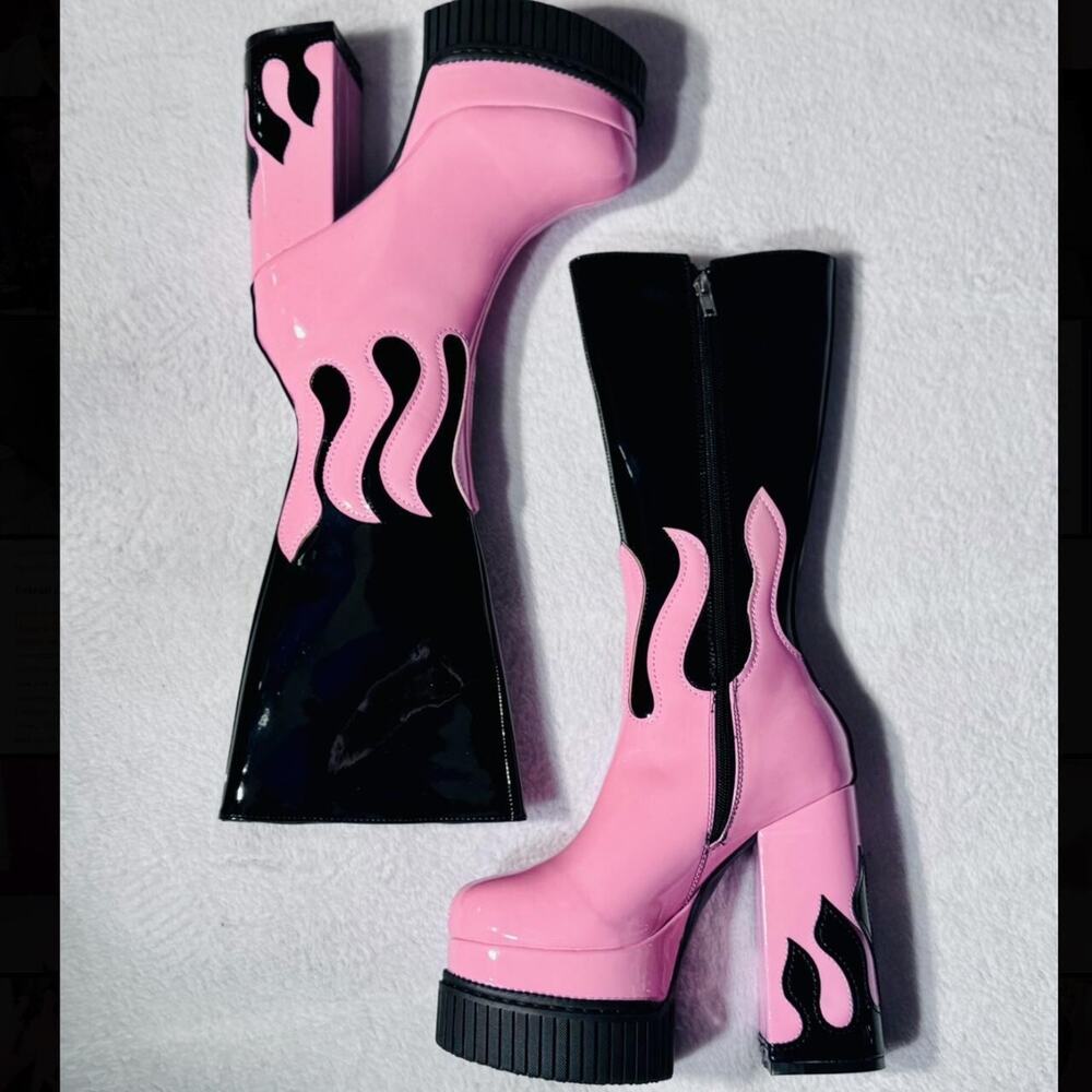 LAMODA Ignite Platform Flame Calf Boots High Heeled Black Pink Patent Size 5